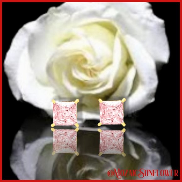 Gold & Stainless Steel AAAA+ 7cm Pink Princess Cut Screw Post Earrings - Picture 3 of 6